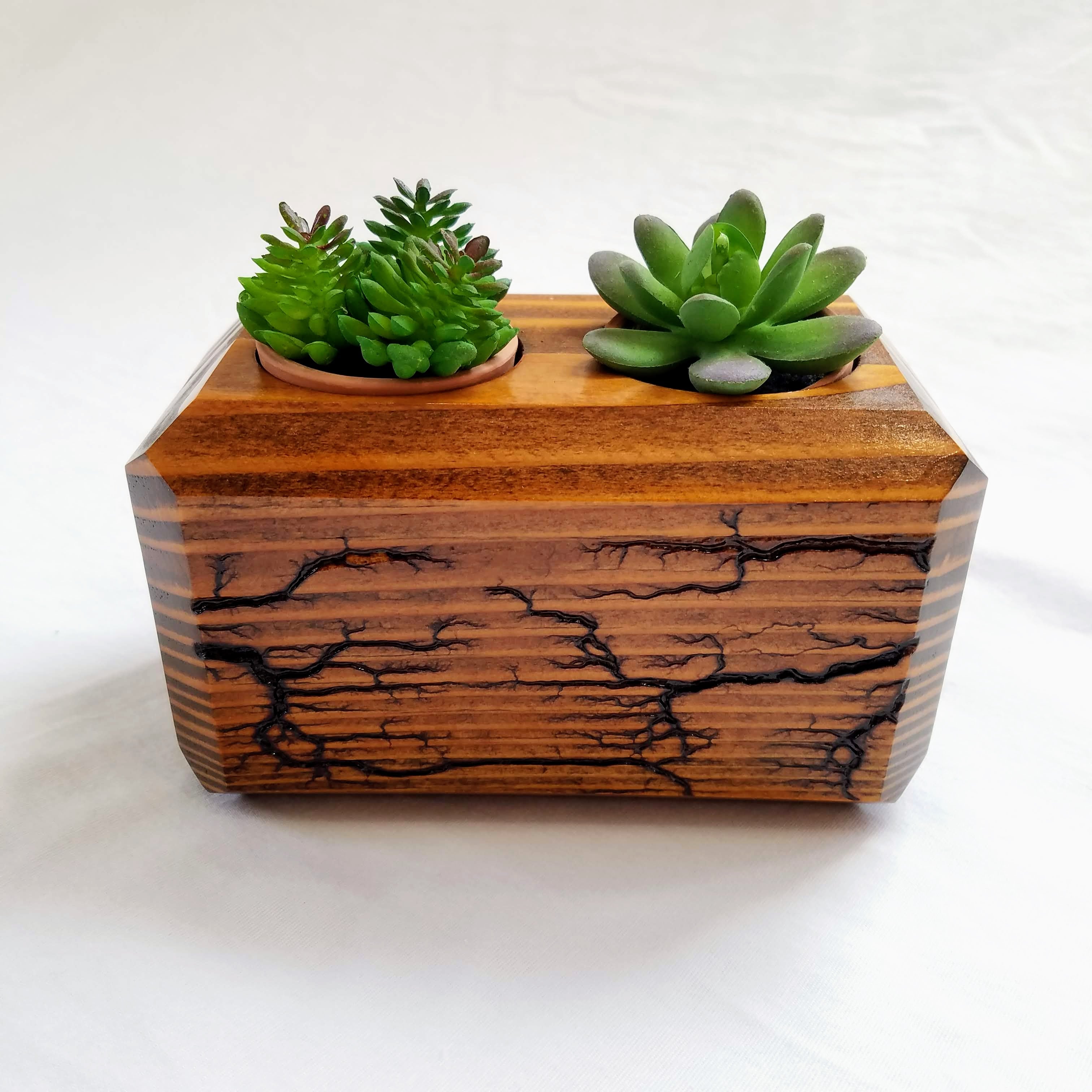 Fractal Burned Double Planter/Candle Holder (Early American Stain, 6" length)