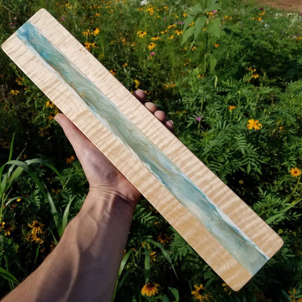Full Size Curly Maple-Resin Hybrid Wrist Rest (17.5" , Mother of Pearl Resin Inlay)